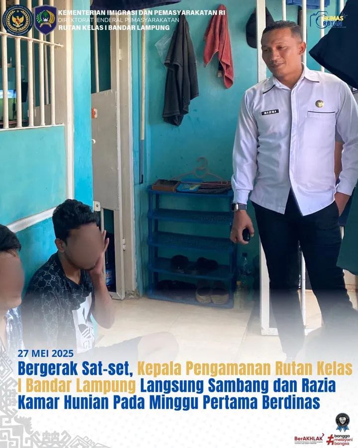 Bergerak Sat-set, Kepala Pengamanan Rutan Kelas I Bandar Lampung Langsung Sambang dan Razia Kamar Hunian Pada Minggu Pertama Berdinas